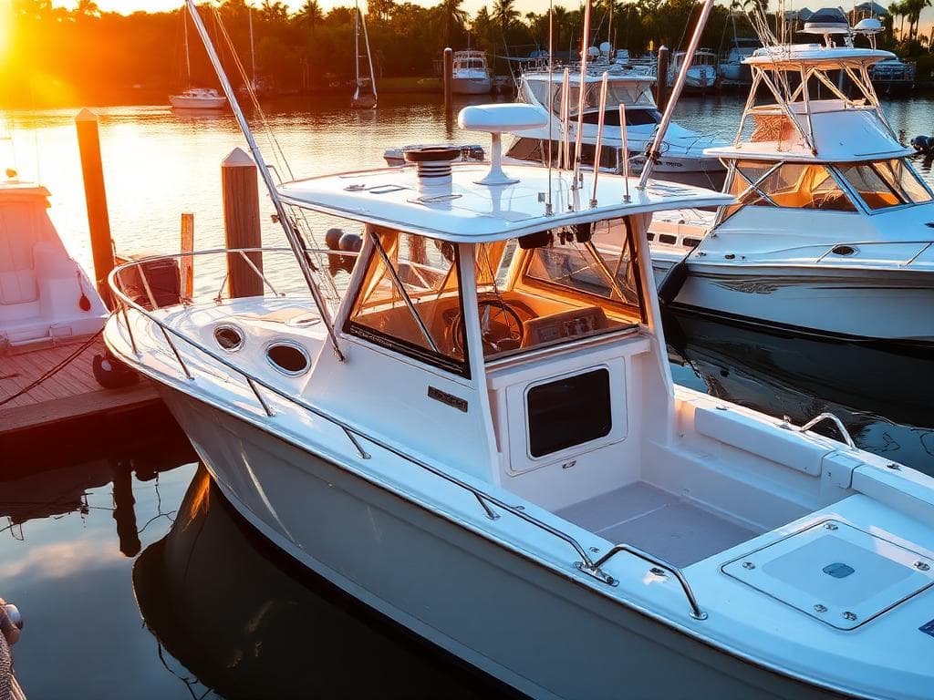 Detailed center console fishing boat at a marina at sunset