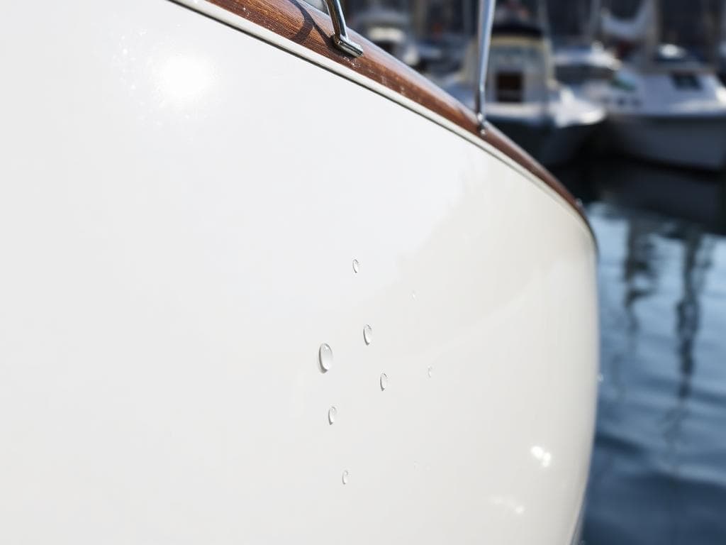 Glossy waxed boat hull with water beading
