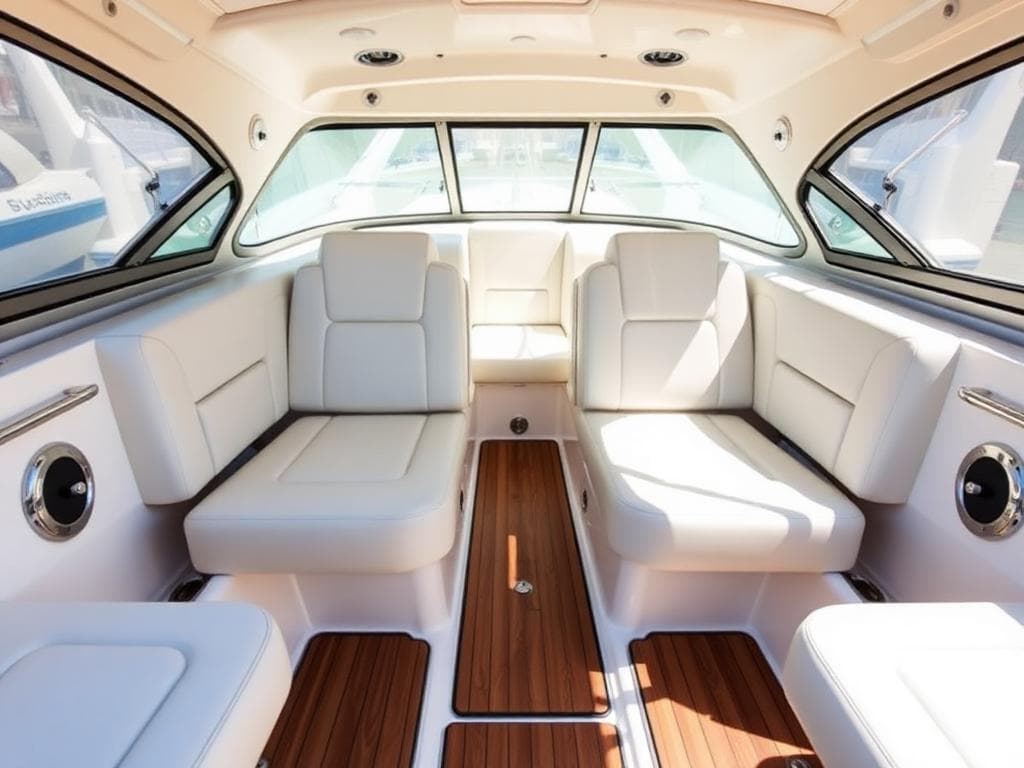 Spotless boat interior with white vinyl seats and teak deck