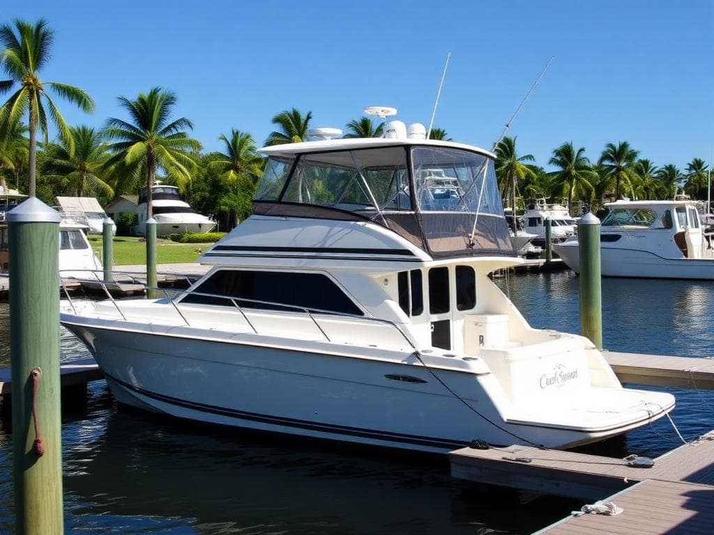 Cabin cruiser detailed and shining at a Tampa Bay dock