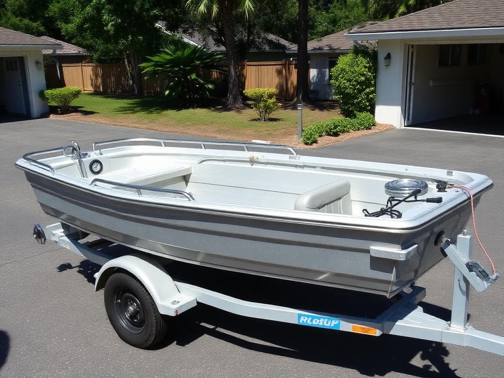 Small aluminum bay boat cleaned on a trailer
