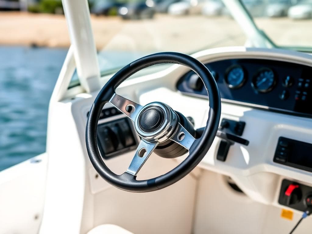 Clean boat helm console and steering wheel