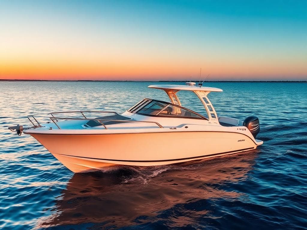 Sport boat on calm water at sunset after detailing