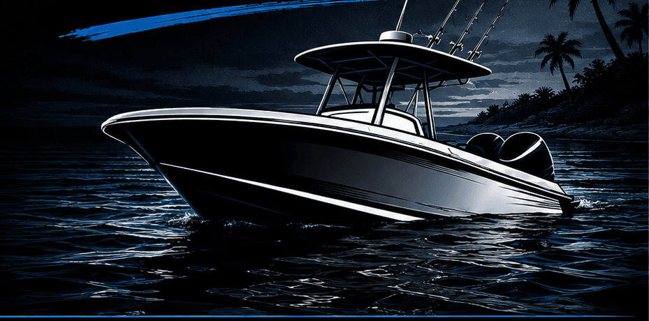 Center console boat cruising at dusk